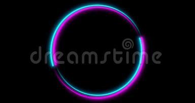 霓虹灯圈背景与LED框架屏幕。 荧光抽象蓝色，紫色.. 循环动画4K。