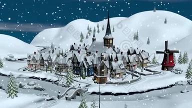 在圣诞节的冬夜观赏小镇或村庄。