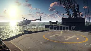 直升机从石油平台、海上平台或海上钻井平台起飞。 真实的电影动画。