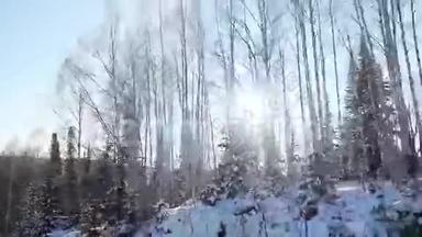 汽车沿着白雪皑皑的山路行驶的鸟瞰图和缓慢行驶的阳光透过树木