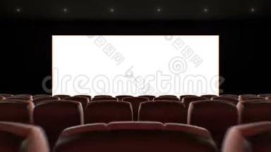 电影院大厅的宽<strong>屏</strong>幕穿过座位。 美丽的三维动画与灯光，<strong>绿</strong>色<strong>屏</strong>幕和跟踪