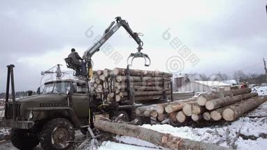 起重机爪式装载机在锯木厂从重型卡车上卸下木材