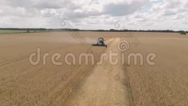 <strong>联合</strong>收割机农业机收割黄金熟麦田.. 农业。 空中观景。 从上面。