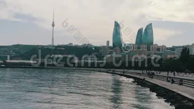 阿塞拜疆首都巴库里海堤岸景观和城市摩天<strong>大楼</strong>