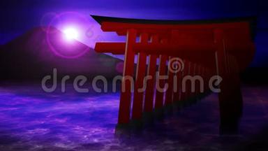 日本的红色Tori门。 富士山从湖。 CG循环动画。 富士山奇景..