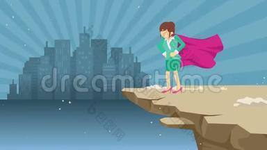 站在悬崖上准备迎接<strong>挑战</strong>的女超人。商业符号。<strong>挑战</strong>与成功理念。漫画循环动画