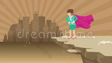站在悬崖上准备迎接挑战的女超人。商业符号。挑战与成功理念。漫画循环动画