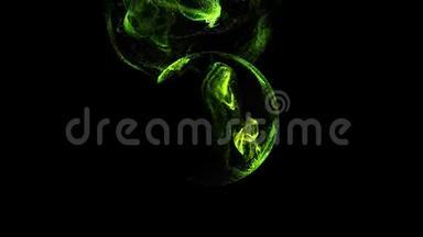 黑色背景下水下的绿色发光粒子流成一个球形场，放置你的文字，标志