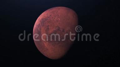 恒星背景下旋转行星火星的抽象动画。 动画。 美丽的红色星球火星上有陨石坑