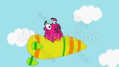 卡通动画：乘飞机飞行.. 旅游，旅游，获得新的有趣印象.. 猪飞行员在车上飞行。