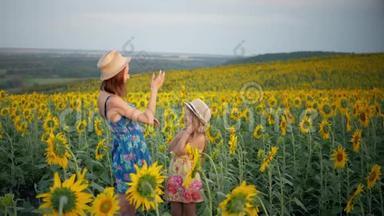 向日葵田的母女.. 戴着帽子的母女正在穿过向日葵的田野。 这就是