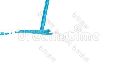一股非常美丽的蓝色液体，<strong>类似</strong>于糖浆或柠檬水或水落在屏幕上。 慢镜头