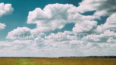 夏季乡村田园草甸景观在风景秀丽<strong>的</strong>天空下随着<strong>蓬松的云彩</strong>而消逝。