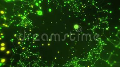 绿色荧光抽象线和粒子内部标志背景