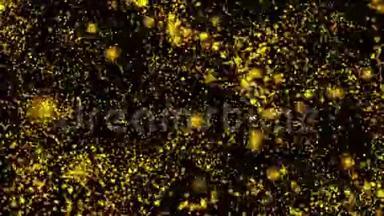金色bokeh图形，三维科幻背景的发光粒子深度和bokeh。 线和方形粒子，