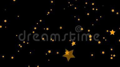 动画的抽象，金色五尖，绿色，五颜六色的星星落在黑色的背景上.. 小小的橙色星星