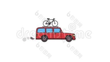 <strong>动画红色</strong>SUV汽车与自行车在屋顶后备箱。 移动小货车，侧视.. 平面<strong>动画</strong>。 孤立于白色
