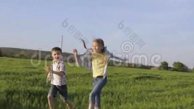 两个快乐的孩子在白天在田里玩耍。