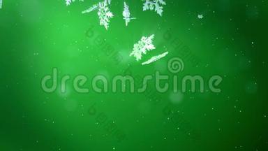 闪亮的三维雪花漂浮在绿色背景上的空气中。 用作圣诞节、<strong>新</strong>年</strong>贺卡或冬<strong>季</strong>环境的动画