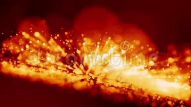 红色黄色发光<strong>粒子</strong>的4k三维动画漂浮在粘稠液体中，并用<strong>光线</strong>闪烁。 它是明亮的