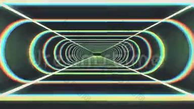 通过霓虹灯在外面飞行抽象的网络隧道运<strong>动图</strong>形动画背景新品质复古