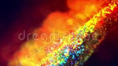 五彩的粒子，如纸屑或碎片，漂浮在粘稠的液体中，在光线中闪烁，具有一定的景深