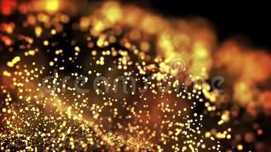 液体中的金<strong>粒子</strong>漂浮和闪烁。 背景有闪闪发光的<strong>金色粒子</strong>，景深和波克。 卢马
