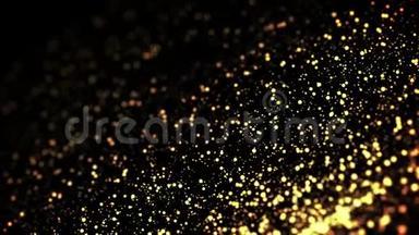 液体中的金粒子漂浮和闪烁。 背景有闪闪发光的金色粒子，景深和波克。 卢马
