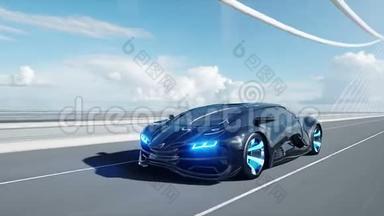 桥上黑色未来派汽车的三维模型。 开得很快。 未来的概念。 现实的4k动画。