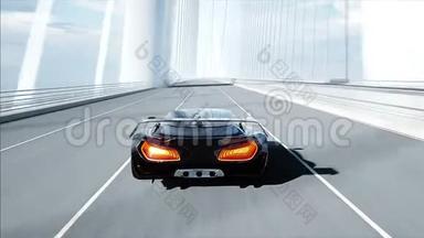 桥上黑色未来派汽车的三维模型。 开得很快。 未来的概念。 现实的4k动画。