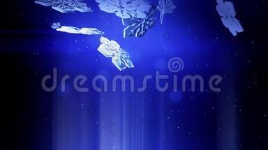 美丽的3d雪花在夜晚落在蓝色背景上。 用作圣诞、新年贺卡或冬季动画
