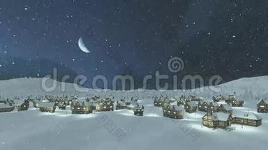 在降雪的夜晚，舒适的雪乡
