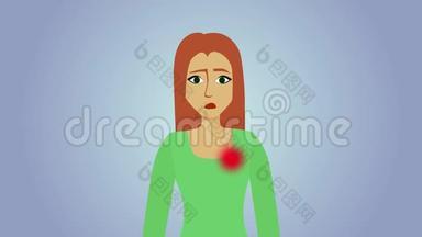 2D动画，悲伤的白种人女人在蓝色灰色背景。 出现在人体上的<strong>红色圆圈</strong>，疼痛图标。 头痛