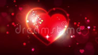 情人节动画背景。 情人节快乐`动画贺卡。 明亮的红色，金色的心脏形状在黑暗中