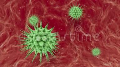 科罗纳病毒。 显微镜下病毒。 人类免疫系统病毒<strong>跨越</strong>屏幕移动。 细菌病毒或细菌