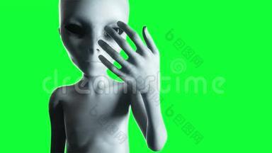 外星人伸出的手。 <strong>UFO</strong>未来主义概念。 绿色屏幕动画。