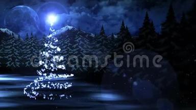 具有夜空背景和森林的冬季场景.. 新年`雪圣诞节和月亮。 白雪公主圣诞树。 循环CG动画。
