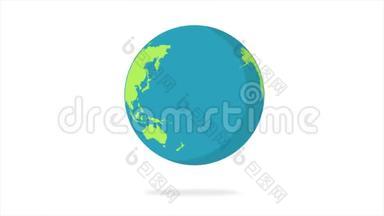 平面设计旋转地球隔离在白色。地球的动画。平面设计