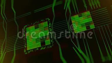 绿色工艺背景，电路板和暗蓝色背景上的代码.. 动画。 抽象微芯片，网络