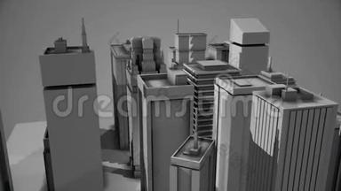 抽象数字<strong>三维模型</strong>的<strong>城市</strong>地区与房屋和摩天大楼的灰色背景。 动画。 建筑