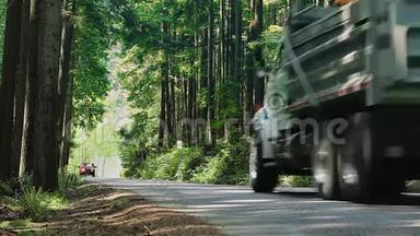 汽车通过大型卡车在森林