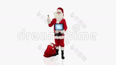 圣诞老人展示了一块空白平板电脑，与白色的，库存的
