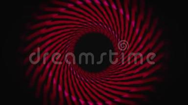 红色旋转移动隧道在黑色背景，无缝循环。 动画。 隧道抽象彩色动画