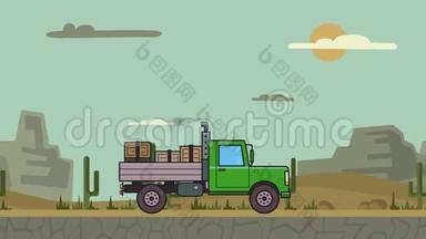 动画绿色<strong>卡车</strong>，箱子在后备箱骑过峡谷沙漠。 在沙漠上行驶<strong>重型</strong>汽车