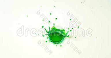 绿色液体在白色背景下落入水中，