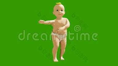 一个<strong>小</strong>婴儿在<strong>绿色</strong>屏幕的背景下欢快地跳舞。三维可视化，一个跳舞的孩子的<strong>动画</strong>