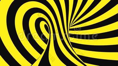 黑色和黄色的迷<strong>幻光</strong>学错觉。 抽象催眠动画背景.. 螺旋几何循环警告壁纸。