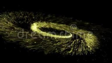 黑色背景上闪闪发光的尘埃颗粒的金色螺旋轨迹。 扭曲的魔法彗星尾巴。 金色旋转旋转飞行