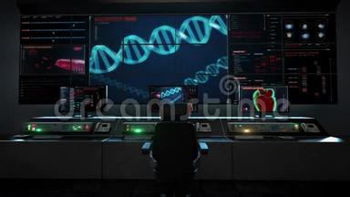 人医保中心，主控室，遗传.. 人类DNA，未来医学应用。 数字用户界面。