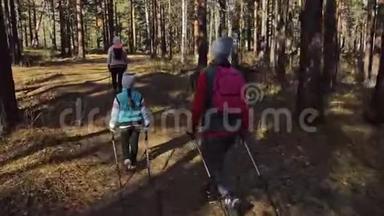 女人在大自然中行走北欧。 女孩和孩子使用跋涉棒和北欧杆，背包。 家庭旅行